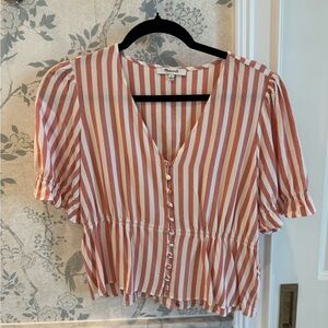 Madewell Salmon Stripe Button Front Puff Sleeve Top Size S
